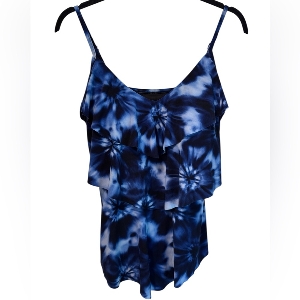 Aqua Green Asymmetrical Blue and White Camisole Swim Top